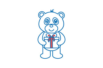 Cartoon bear outline is holding a present with a red ribbon bow sweetly