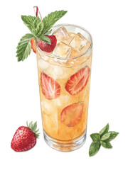 Refreshing Strawberry Mint Iced Tea Cocktail in Tall Glass with Ice