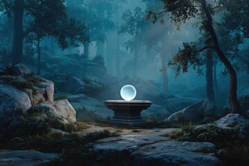 Mysterious glowing orb resting on ancient stone pedestal in enchanted forest at twilight