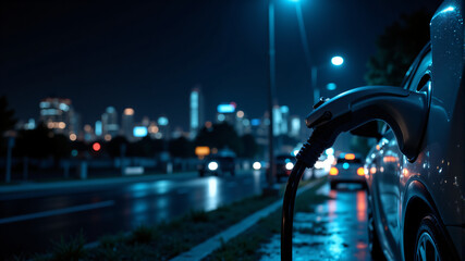 Electric Vehicle Charging at Night in Urban Setting