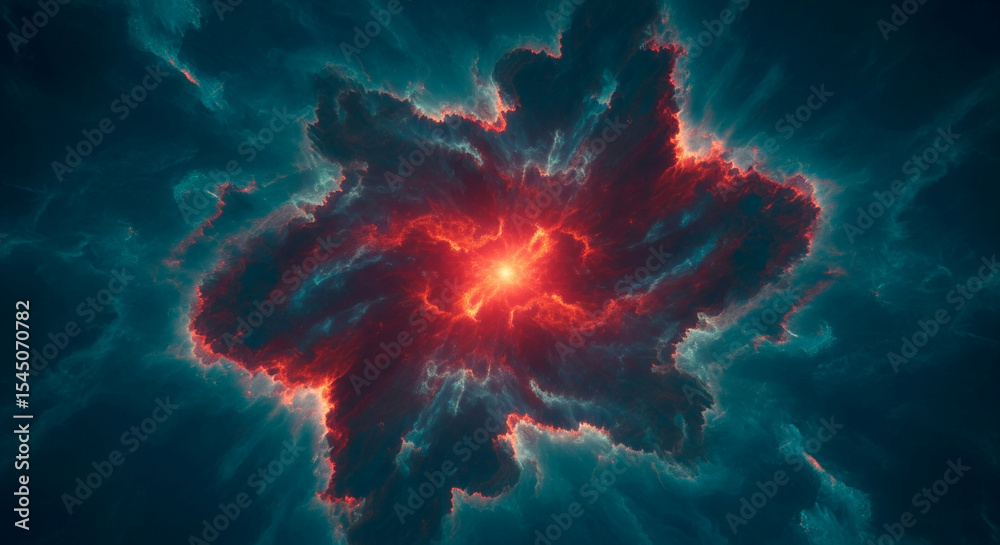 Poster abstract image depicting a fiery red core surrounded by teal clouds, suggesting a cosmic explosion o