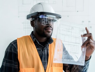 Engineer Using Augmented Reality Headset for Construction Planning and Building Inspection