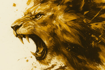 Digital illustration of a roaring lion, created with an artistic painting technique that mixes expressive brushstrokes in mustard and black tones on a light background, Generative Ai.