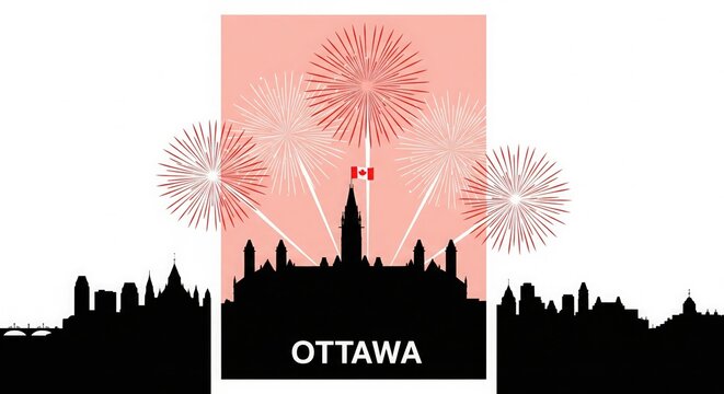 Canada Day Vector with Fireworks and Canadian Flag – Ottawa Skyline Design