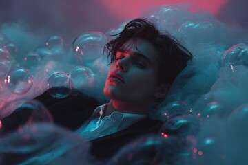 Young person lounging among bubbles in a dreamy setting with colorful lighting at night