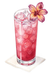 Refreshing iced hibiscus tea in tall glass with ice cubes, garnished with a vibrant hibiscus flower on a beige coaster.