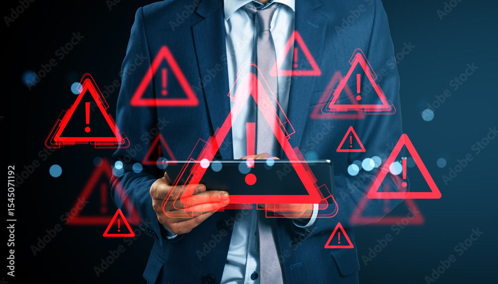 Poster Businessman using tablet surrounded by red warning exclamation icons indicating network danger or fraud in digital virtual background.