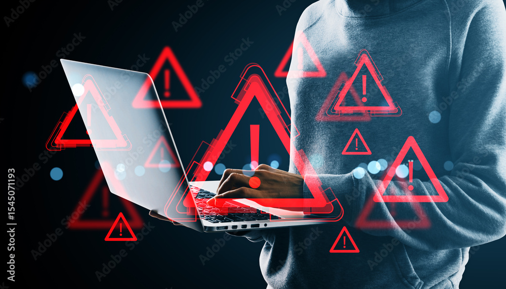 Aufkleber Hacker in hoodie using laptop with red warning icons, symbolizing cyber threats and data danger in digital network background concept.