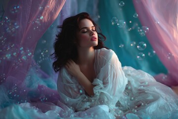 Woman in ethereal setting surrounded by bubbles and soft sheer fabric, exuding tranquility and elegance