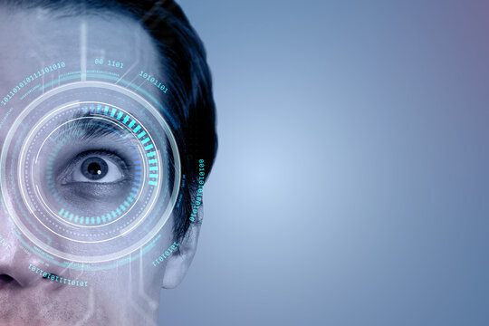 Male eye with futuristic biometric digital interface scanning on blue background showing concept of secure identity and technological vision focus. - Powered by Adobe
