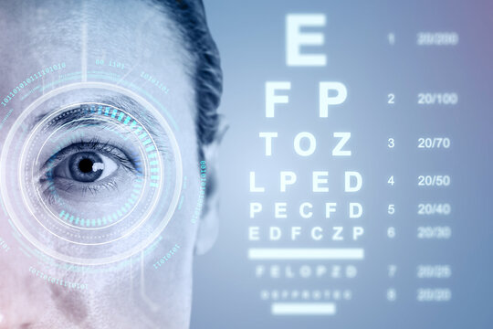 Futuristic eye exam interface with biometric scanning overlay and vision test chart in medical technology concept on blue background. - Powered by Adobe