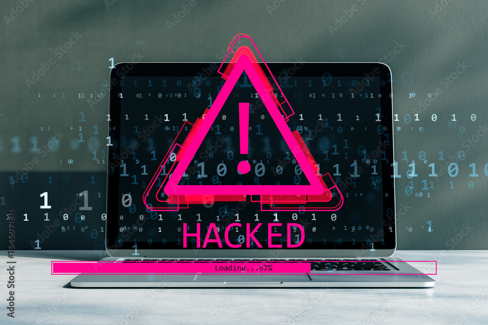 Poster Cybersecurity alert with exclamation mark warning on laptop screen showing hacking danger and data intrusion in virtual network environment. 3D Rendering