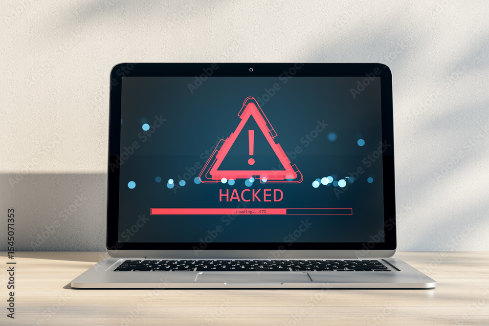 Aufkleber Cybersecurity alert with hacked warning icon and exclamation mark on laptop screen on desk in office environment with virtual background effect. 3D Rendering