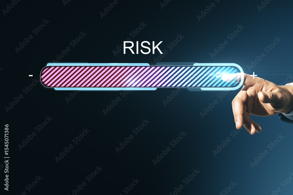 Poster Hand touching digital interface with glowing risk progress bar indicating increase on dark background, symbolizing management and decision-making.