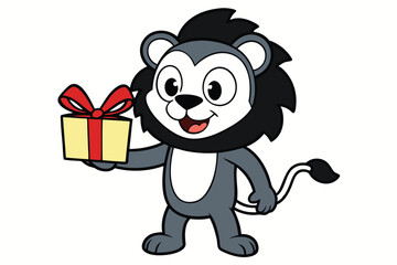 Cartoon lion cub joyfully presents a gift box with ribbon for holiday celebration