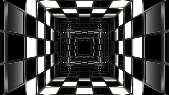Black and White Bright Square Screens Tunnel Background VJ Loop in 4K