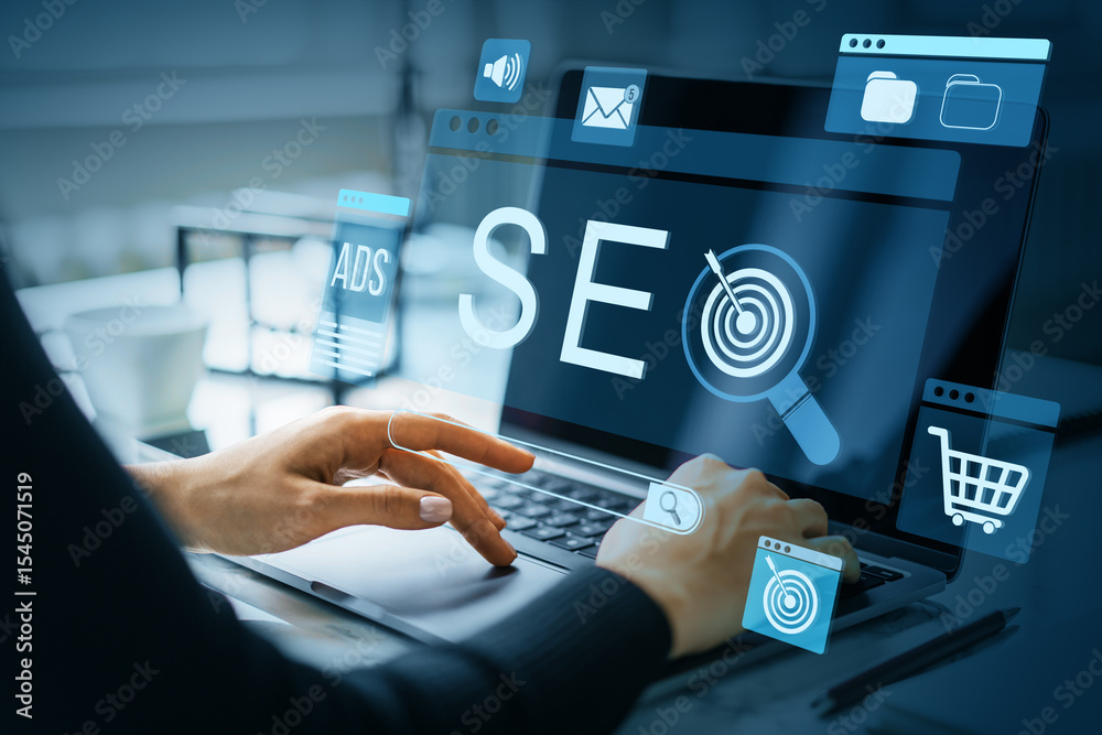 Aufkleber woman working on seo strategy using laptop with digital marketing icons and interface on modern offi