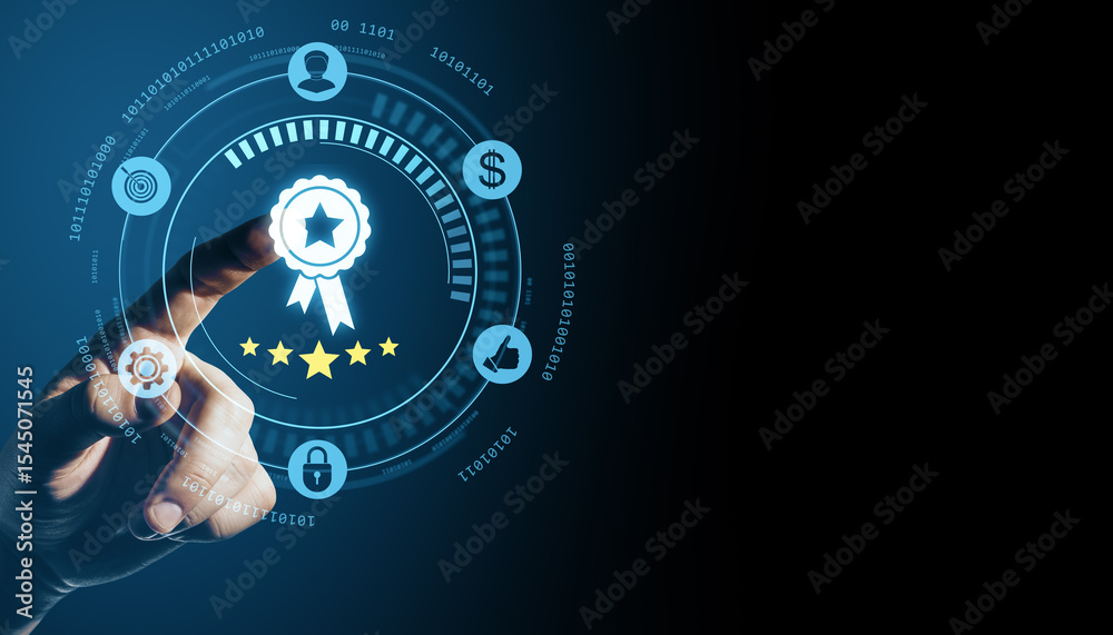 Poster Digital hand pressing quality certificate icon with five-star rating on futuristic interface representing guarantee, compliance, and approved system.