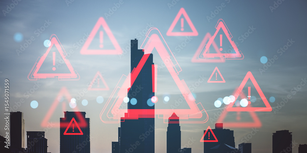 Aufkleber red warning alert symbols with exclamation marks over a city skyline, symbolizing fraud or data dang