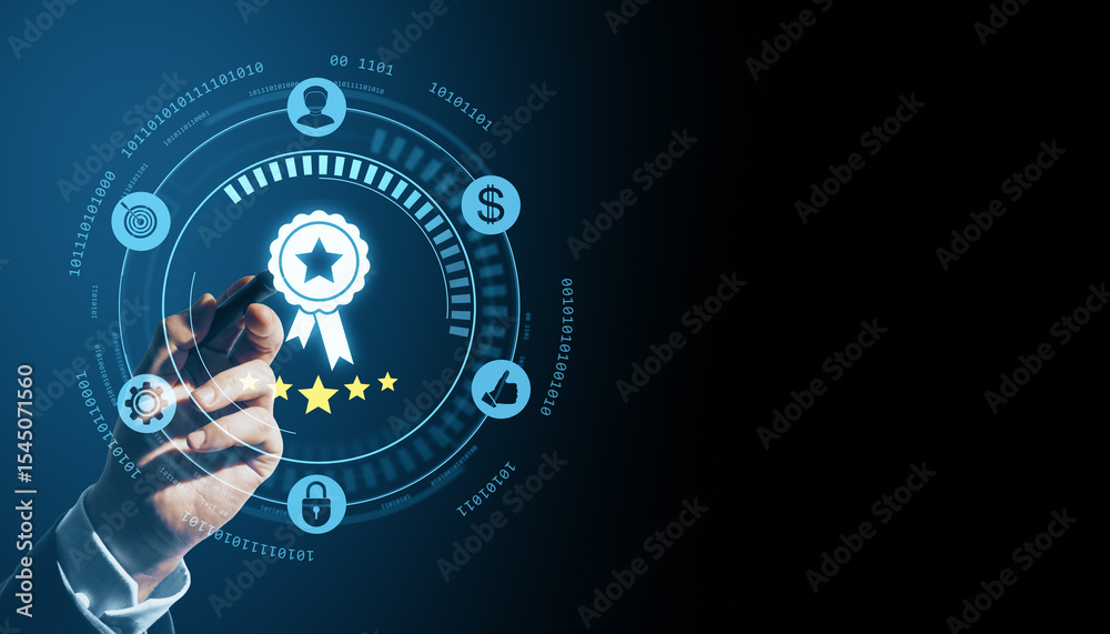 Poster digital hand interacting with virtual quality certification badge interface on holographic screen fo