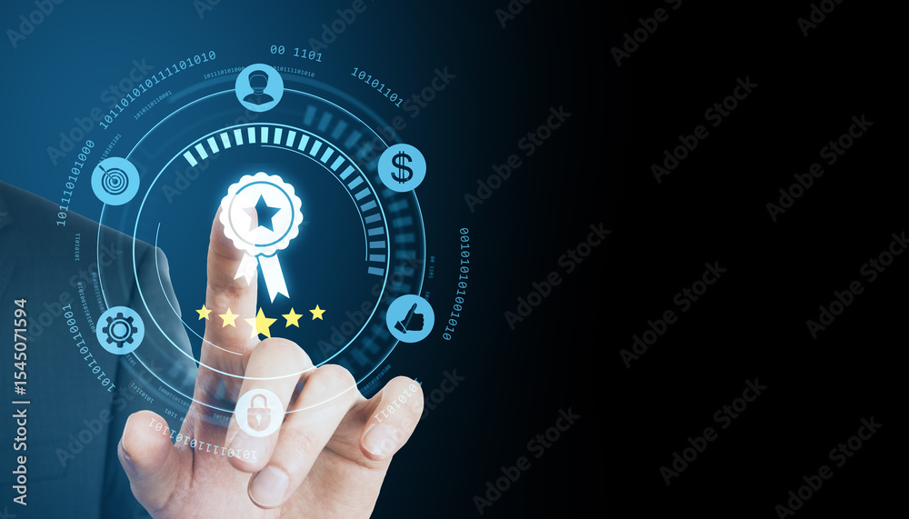 Poster businessman pushing digital quality certificate icon on virtual interface with compliance and securi