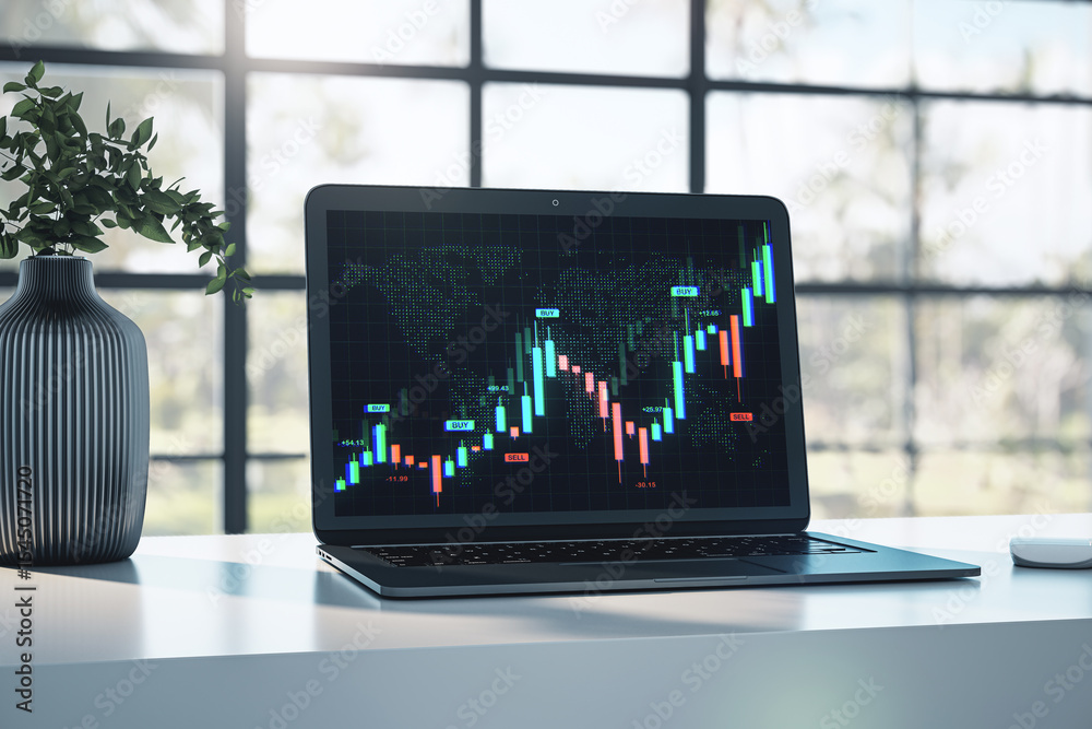 Aufkleber Laptop screen displaying colorful forex and stock market trading chart with digital world map in modern office setting near window with sunlight. 3D Rendering