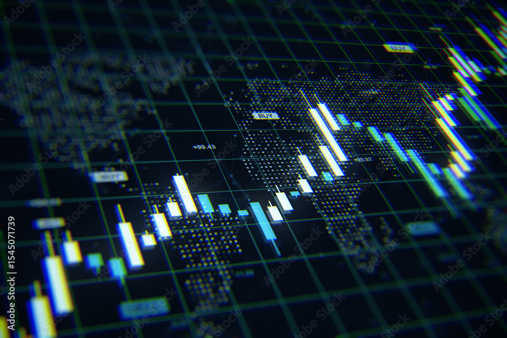 Poster Digital forex market candlestick chart with global map background on dark screen for financial data analysis and investment concept display. 3D Rendering