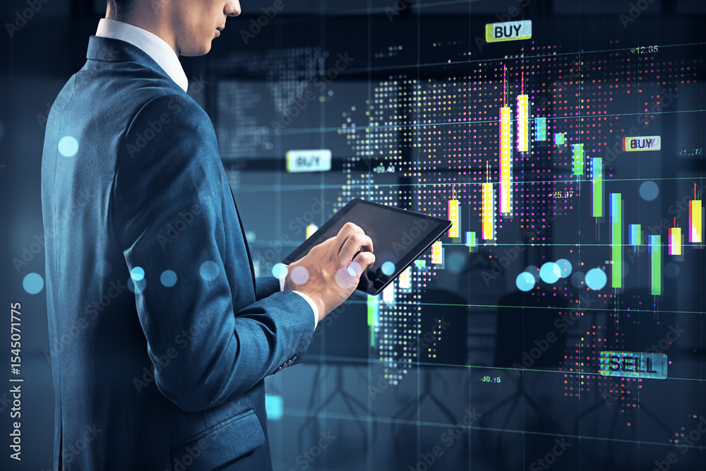 Poster businessman analyzing financial market charts on digital tablet against stock trading background wit