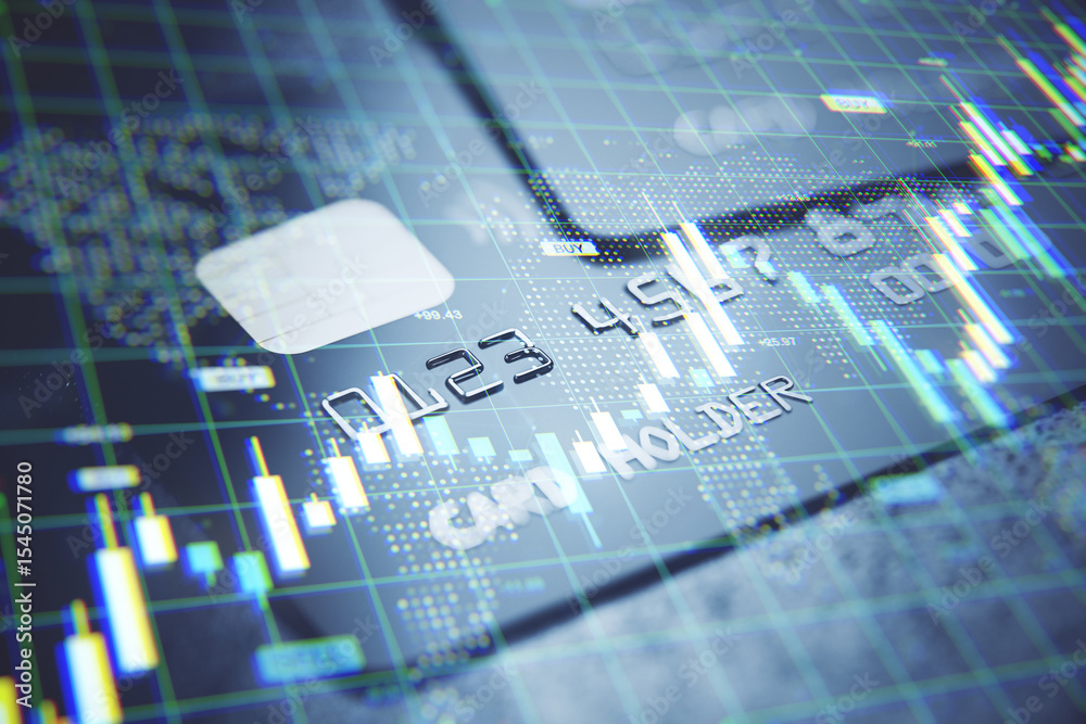 Poster credit card with financial chart overlay on digital screen symbolizing fintech, trade, and economic 