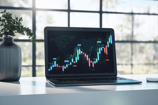 Laptop screen displaying colorful forex and stock market trading chart with digital world map in modern office setting near window with sunlight. 3D Rendering