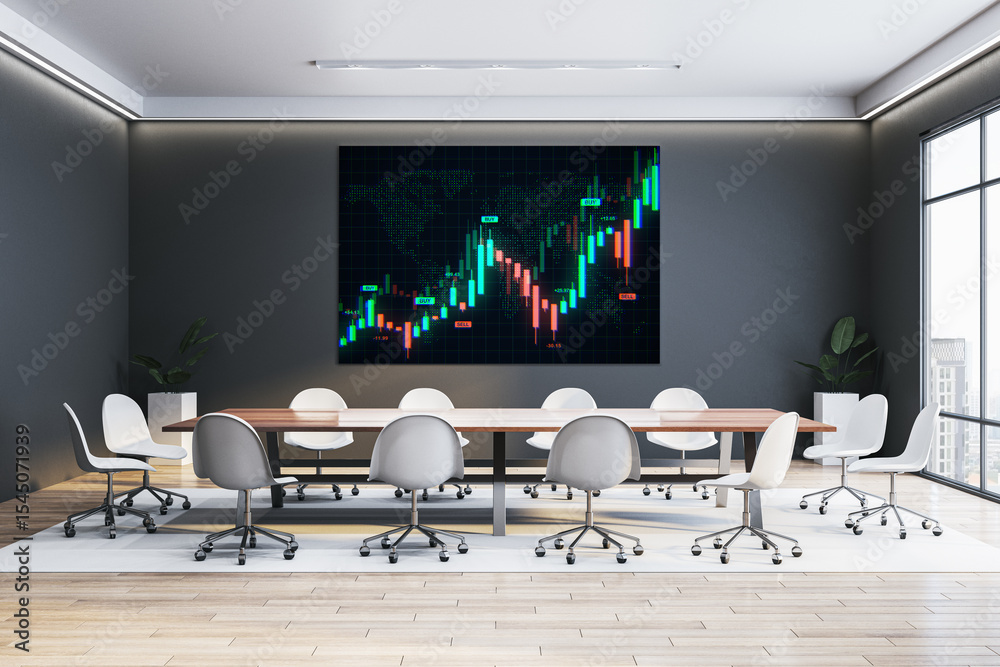 Poster modern corporate meeting room with financial forex chart screen on wall, representing business analy
