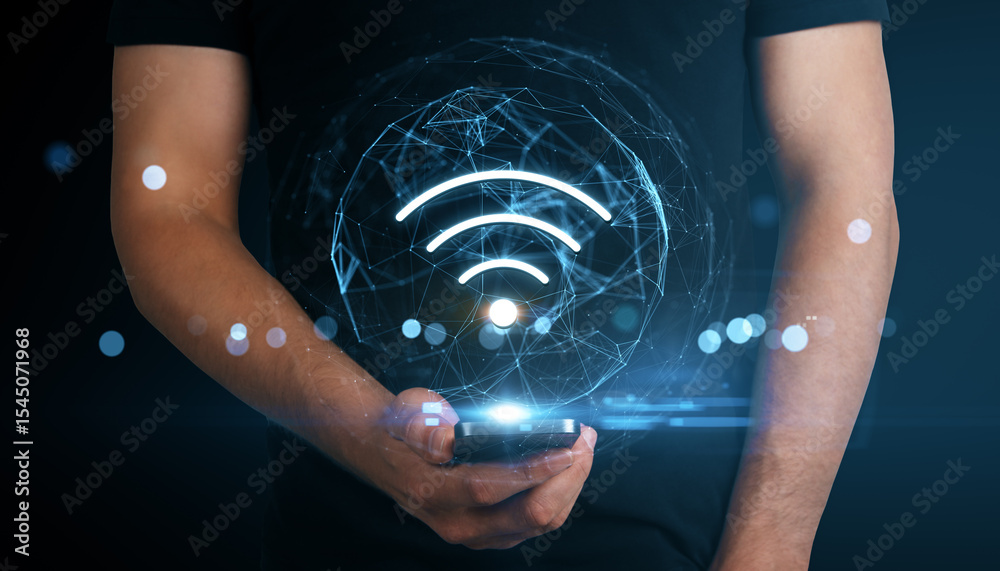 Poster man holding smartphone displaying glowing digital wi-fi icon with holographic network on dark blue b