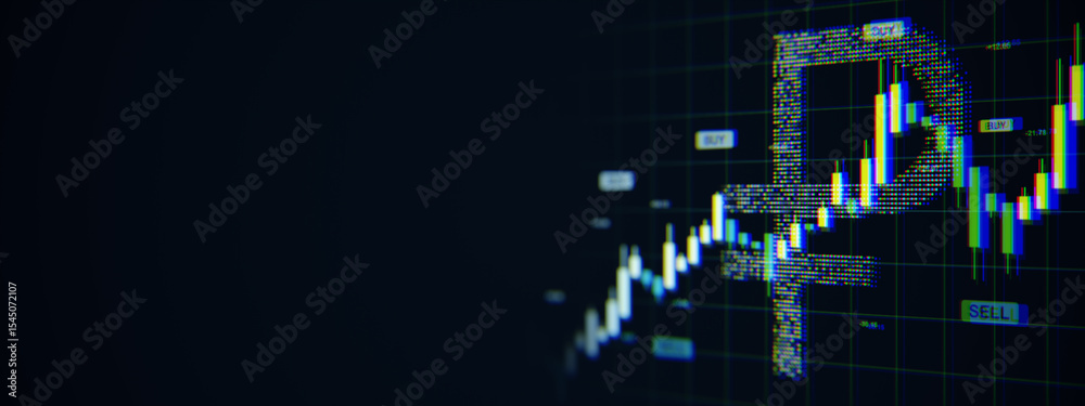 Poster Digital candlestick chart with Russian ruble symbol on dark screen background representing forex market growth and currency trading concept. 3D Rendering
