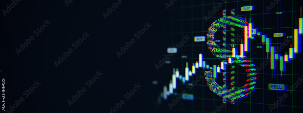 Poster digital dollar symbol with candlestick stock market chart on modern monitor screen, financial data a