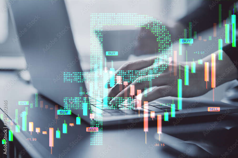Poster hands typing on laptop with digital ruble symbol and candlestick forex graph overlay on office desk,