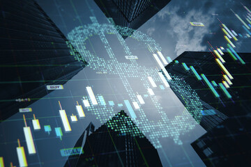 Digital dollar symbol overlay on modern city skyscrapers with stock market candlestick chart and business financial exchange concept background.
