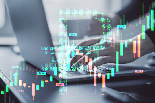 Hands typing on laptop with digital ruble symbol and candlestick forex graph overlay on office desk, representing financial trading concept. - Powered by Adobe