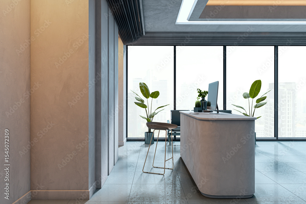 Poster modern office reception counter with minimalistic design, indoor plants and city view through large 