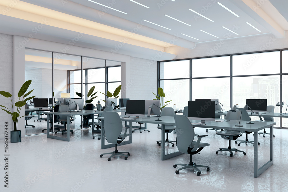 Poster modern open space office interior with sleek furniture, large windows and minimalist design in high-