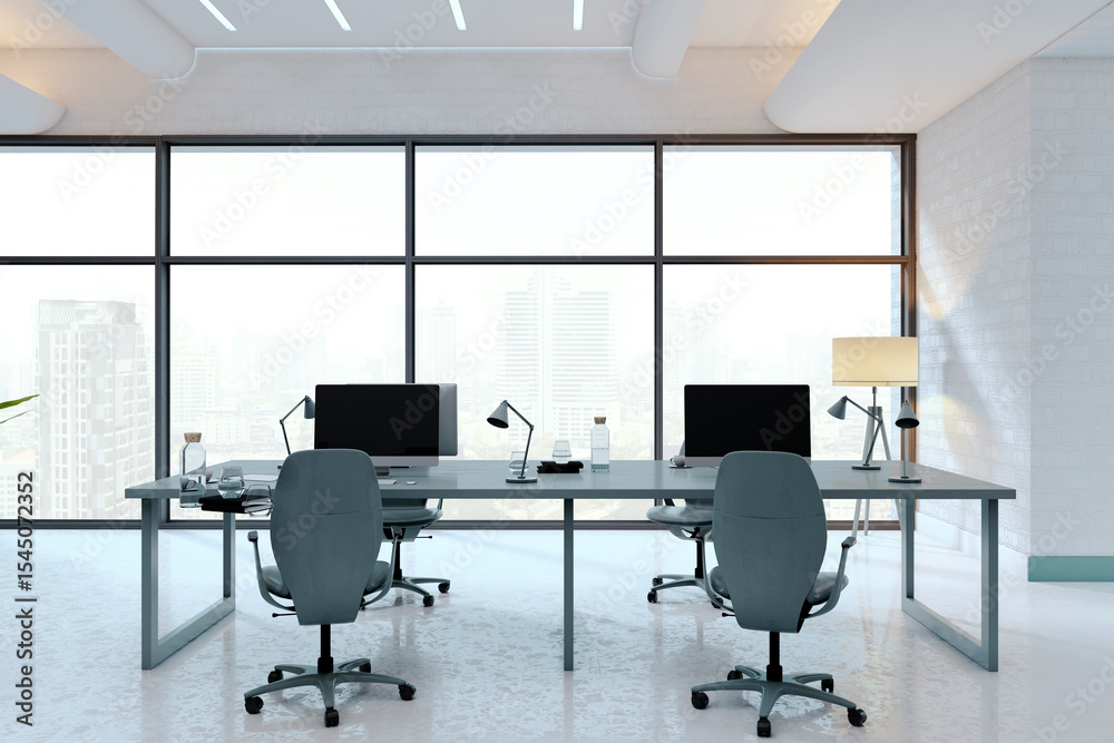 Poster Modern bright empty office interior with desks, chairs, and computers in front of large windows overlooking city buildings in daytime light. 3D Rendering