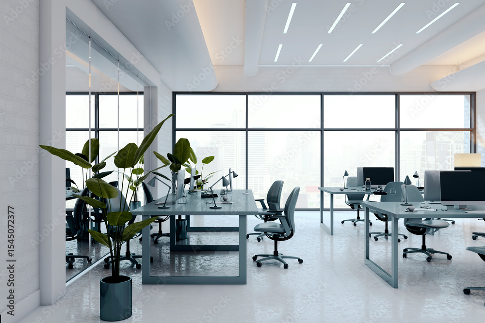 Poster Modern open office interior with minimalist desks and chairs in a bright corporate workspace with city view through large windows. 3D Rendering