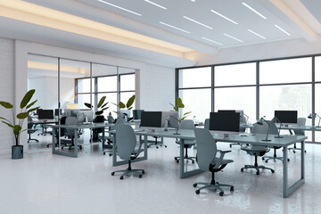 Modern open space office interior with sleek furniture, large windows and minimalist design in high-rise city building. 3D Rendering. 3D Rendering