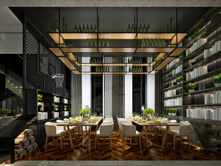 3d render restaurant cafeteria interior