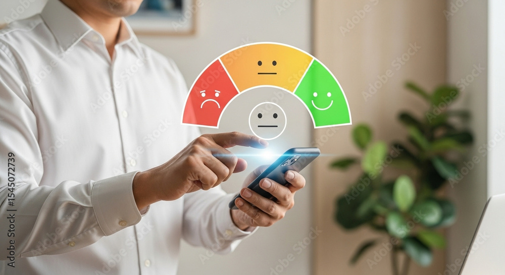 Poster Man giving feedback on a smartphone with a satisfaction rating scale in a bright indoor setting