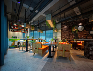 3d render restaurant cafeteria interior