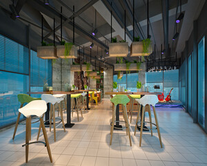 3d render restaurant cafeteria interior