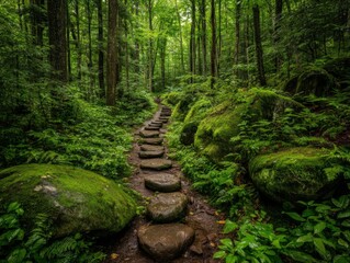 Fototapeta premium Exploring a serene stone pathway through lush green forest nature photography tranquil environment overhead view