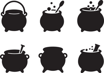 Set of cauldrons silhouette. witch cauldrons with handles magic potion. witch cauldron silhouette. Magic cauldron silhouette set vector on a white background
