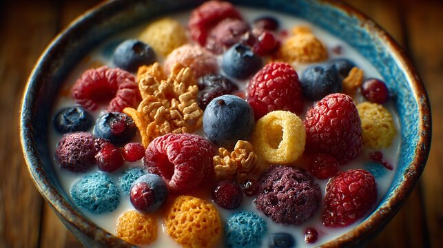Colorful breakfast cereal with fresh berries in a bowl of milk. - Powered by Adobe