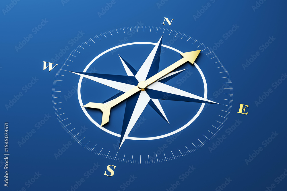 Poster golden compass icon with directional arrows on blue background symbolizing navigation, guidance, bus